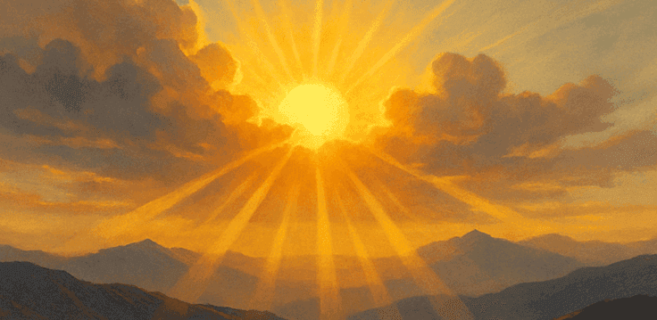 A sunrise breaking through clouds over mountains