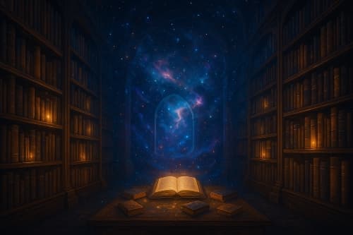Ancient library filled with glowing books