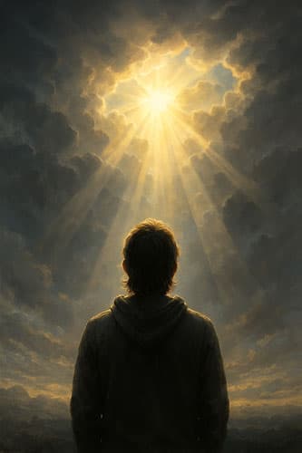 Sunlight breaking through clouds in a symbolic sky